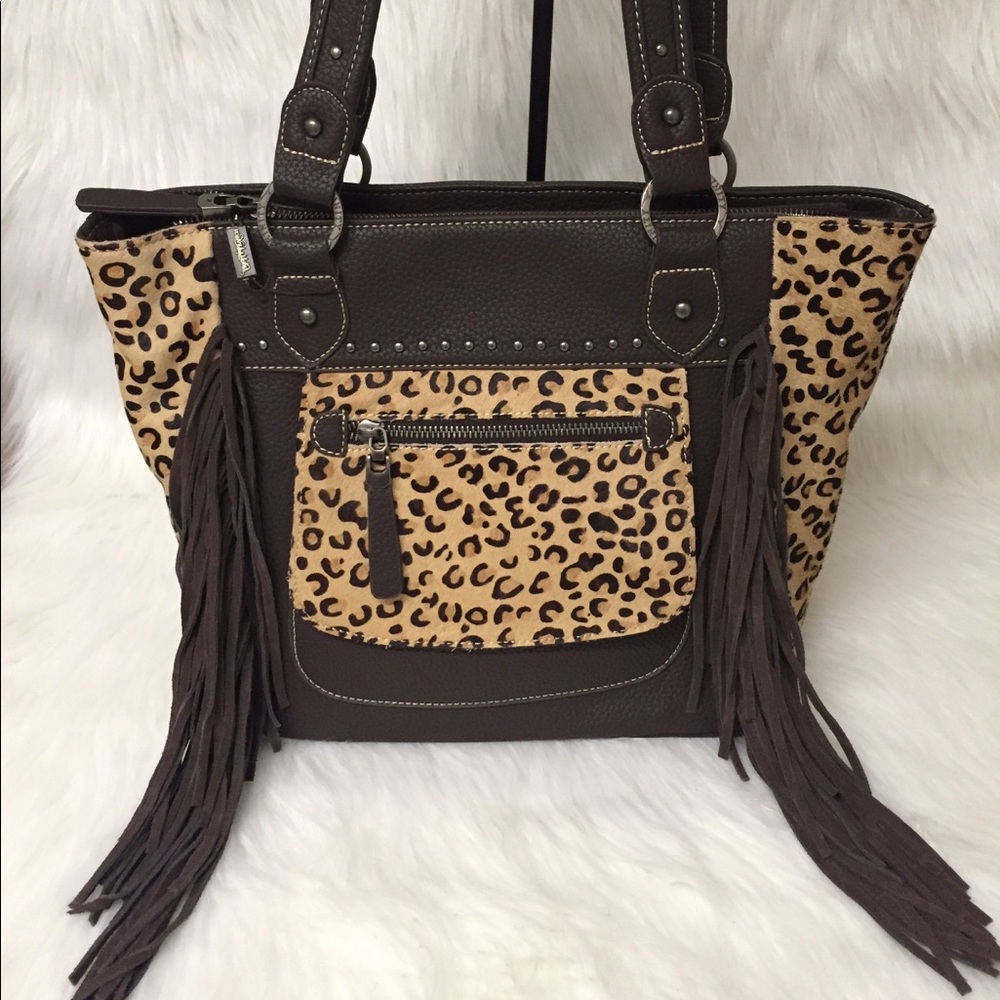 Montana West Leopard HairOn Fringe Handbag Leather